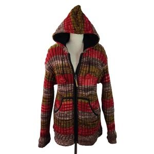 Kyber Outerwear Nepal Red  Yellow Black Hooded Zip Up Wool Sweater Cardigan L